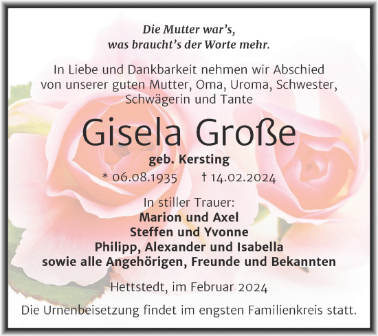 Traueranzeige von Gisela Große von Trauerkombi Mansfelder Land