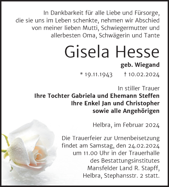 Traueranzeige von Gisela Hesse von Mitteldeutsche Zeitung Mansfelder Land