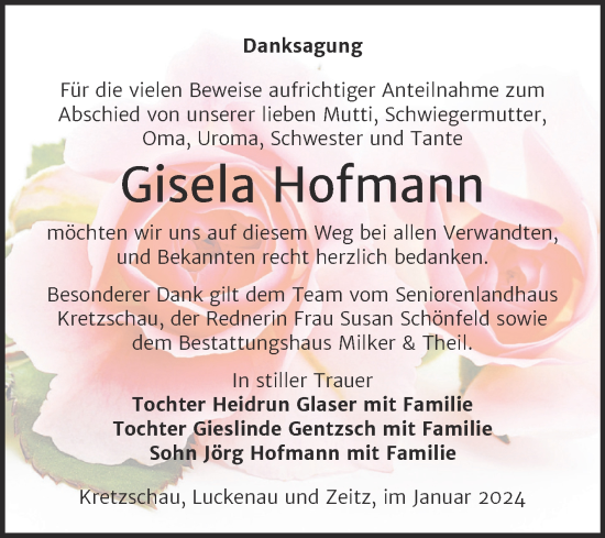 Traueranzeige von Gisela Hofmann von Trauerkombi Zeitz