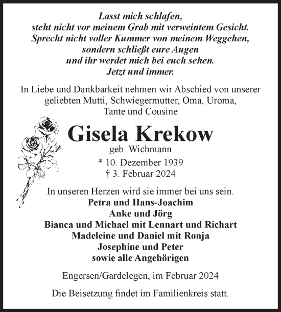 Traueranzeige von Gisela Krekow von Volksstimme Altmark West