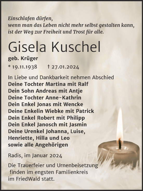 Traueranzeige von Gisela Kuschel von Trauerkombi Wittenberg