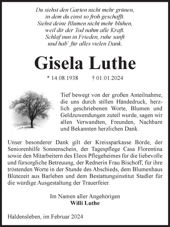 Traueranzeige von Gisela Luthe von Volksstimme Haldensleben/Wolmirstedt