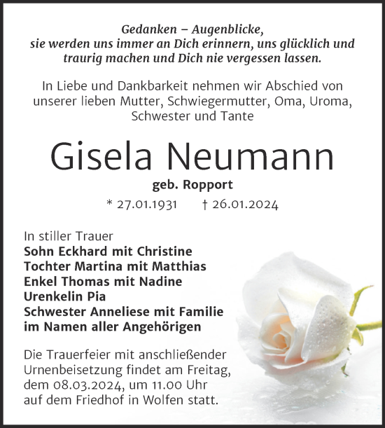 Traueranzeige von Gisela Neumann von Trauerkombi Bitterfeld