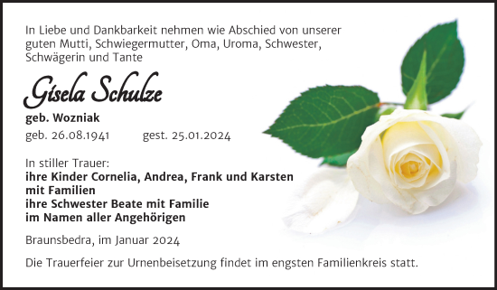 Traueranzeige von Gisela Schulze von Trauerkombi Merseburg