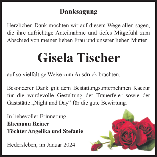 Traueranzeige von Gisela Tischer von Trauerkombi Quedlinburg
