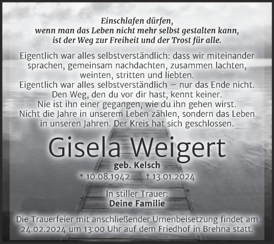 Traueranzeige von Gisela Weigert von SuperSonntag Bitterfeld