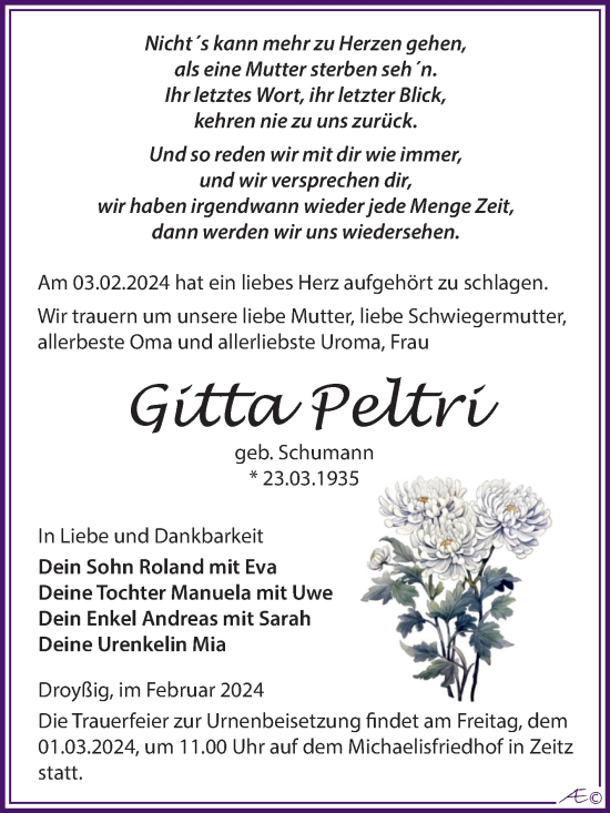 Traueranzeige von Gitta Peltri von Trauerkombi Zeitz