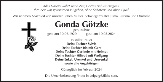 Traueranzeige von Gonda Götzke von Volksstimme Zerbst