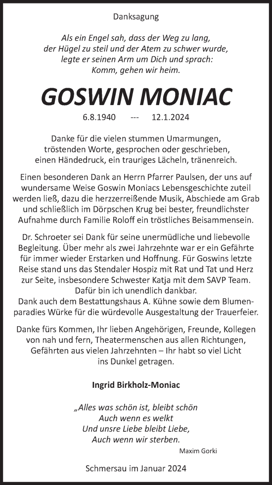 Traueranzeige von Goswin Moniac von Volksstimme Altmark Ost