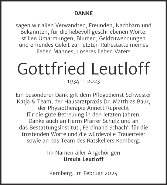 Traueranzeige von Gottfried Leutloff von Trauerkombi Wittenberg