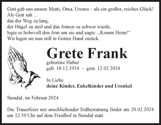 Traueranzeige von Grete Frank von Volksstimme Altmark Ost