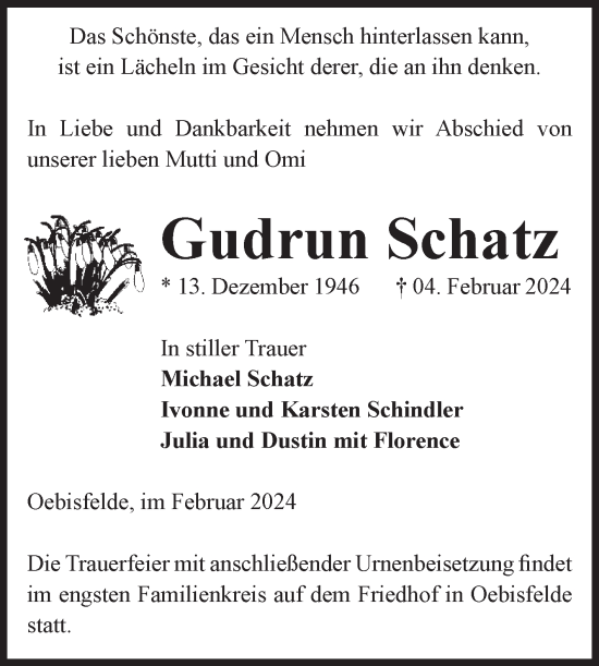 Traueranzeige von Gudrun Schatz von Volksstimme Altmark West