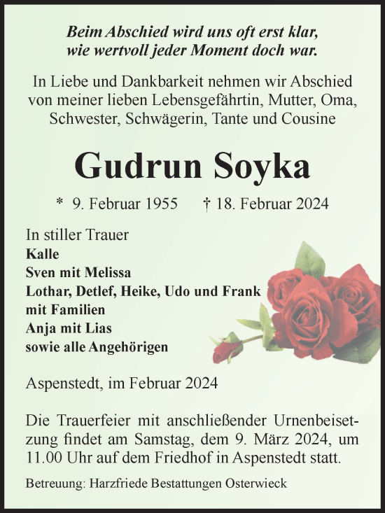 Traueranzeige von Gudrun Soyka von Volksstimme Halberstadt