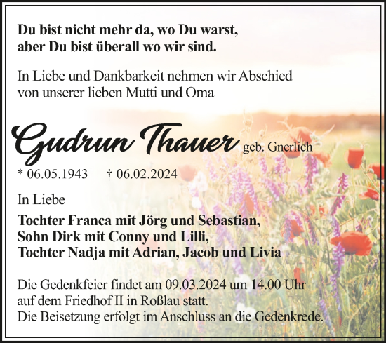 Traueranzeige von Gudrun Thauer von Trauerkombi Dessau