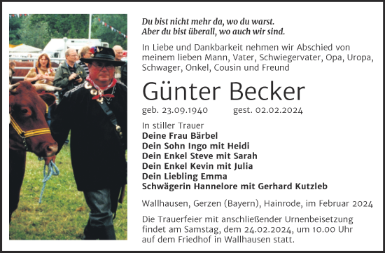 Traueranzeige von Günter Becker von Trauerkombi Sangerhausen