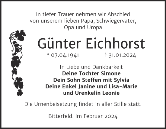 Traueranzeige von Günter Eichhorst von Trauerkombi Bitterfeld