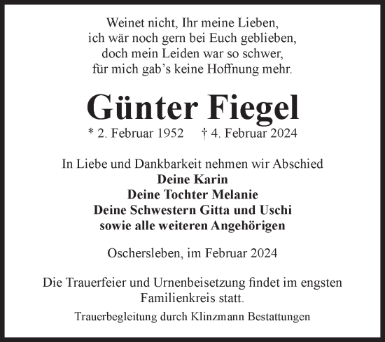 Traueranzeige von Günter Fiegel von Volksstimme Oschersleben/Wanzleben