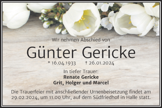 Traueranzeige von Günter Gericke von Mitteldeutsche Zeitung Halle/Saalkreis