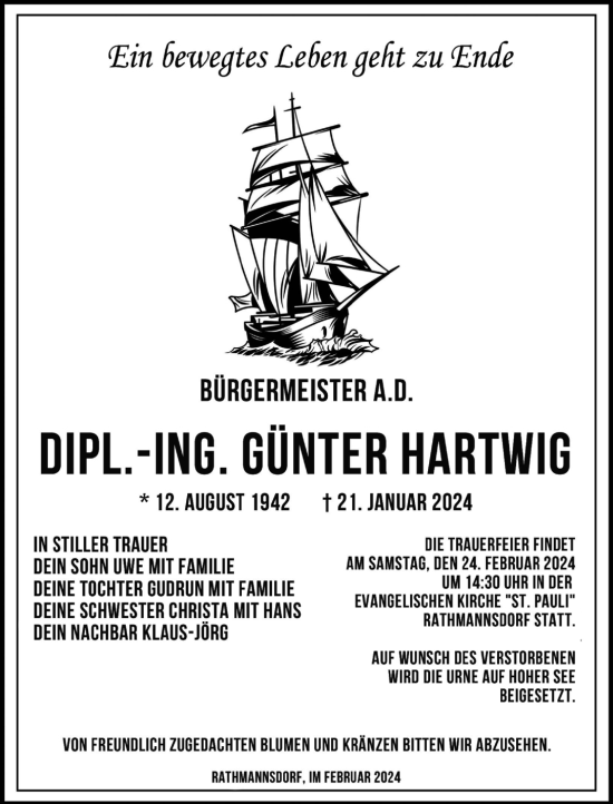 Traueranzeige von Günter Hartwig von Volksstimme Staßfurt