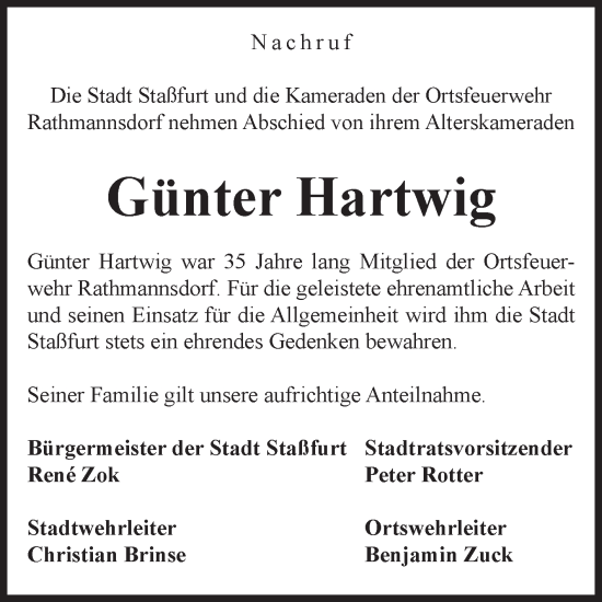 Traueranzeige von Günter Hartwig von Volksstimme Staßfurt