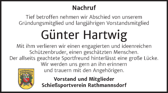 Traueranzeige von Günter Hartwig von Volksstimme Staßfurt