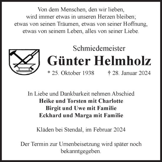Traueranzeige von Günter Helmholz von Volksstimme Altmark Ost