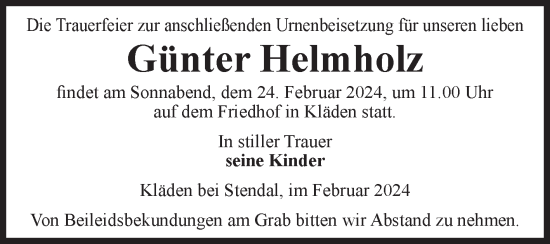 Traueranzeige von Günter Helmholz von Volksstimme Altmark Ost