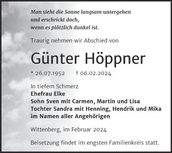 Traueranzeige von Günter Höppner von Trauerkombi Wittenberg