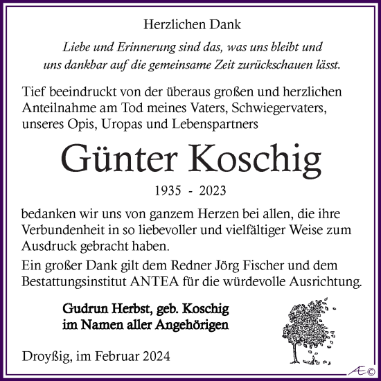 Traueranzeige von Günter Koschig von Trauerkombi Zeitz