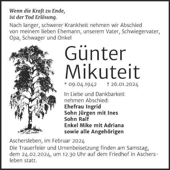 Traueranzeige von Günter Mikuteit von Trauerkombi Aschersleben