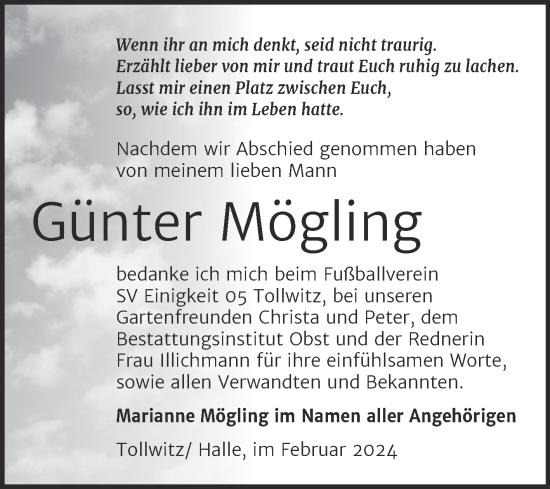 Traueranzeige von Günter Mögling von Trauerkombi Merseburg