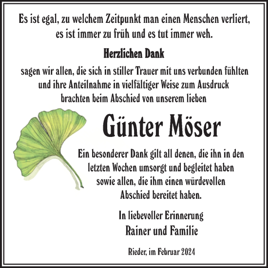 Traueranzeige von Günter Möser von Trauerkombi Quedlinburg