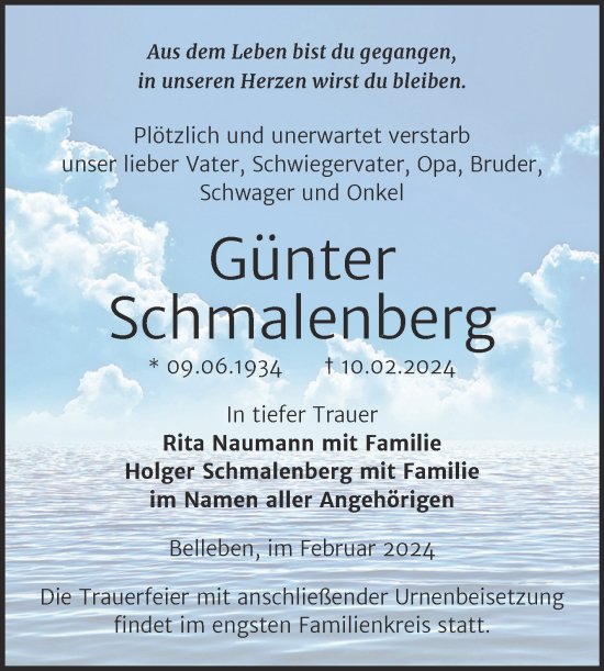 Traueranzeige von Günter Schmalenberg von Trauerkombi Bernburg