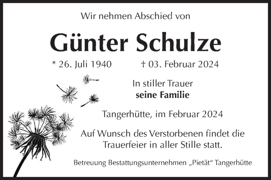Traueranzeige von Günter Schulze von Volksstimme Altmark Ost