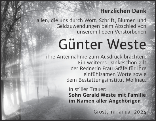 Traueranzeige von Günter Weste von Trauerkombi Merseburg
