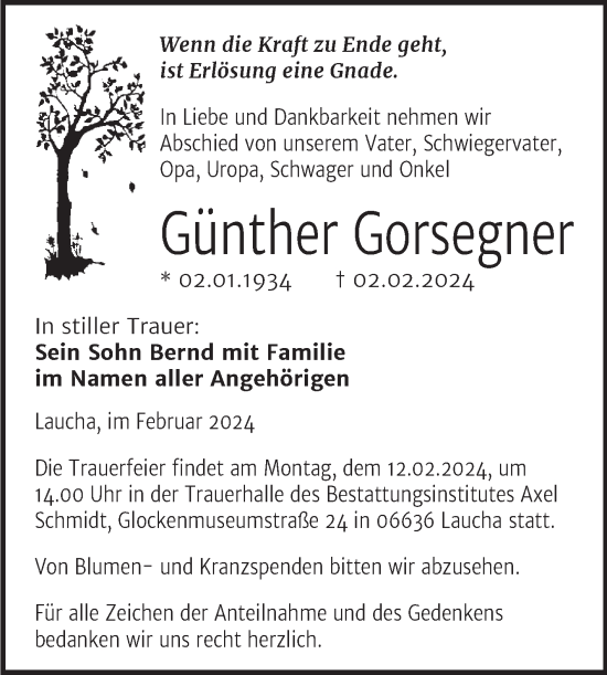 Traueranzeige von Günther Gorsegner von Naumburger Tageblatt