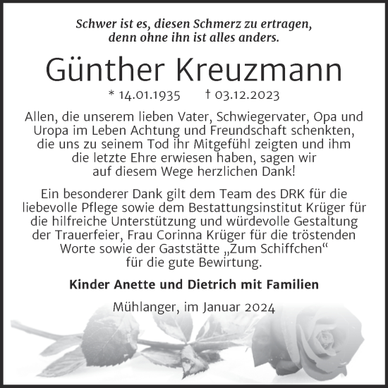 Traueranzeige von Günther Kreuzmann von Trauerkombi Wittenberg