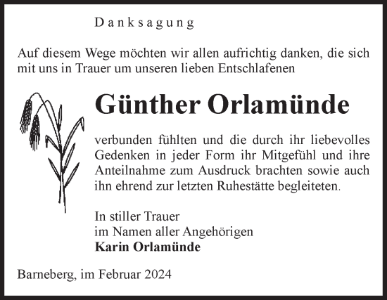 Traueranzeige von Günther Orlamünde von Volksstimme Oschersleben/Wanzleben