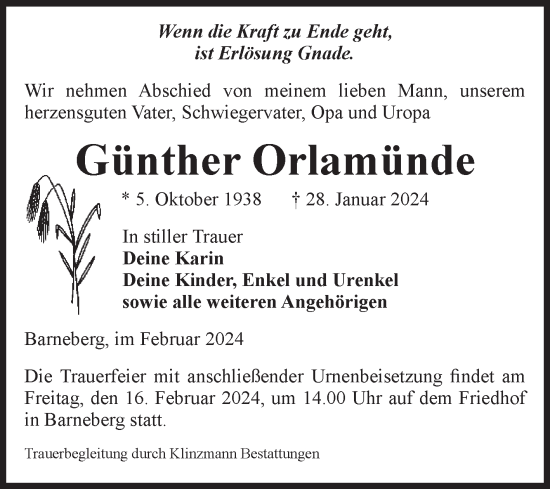 Traueranzeige von Günther Orlamünde von Volksstimme Oschersleben/Wanzleben
