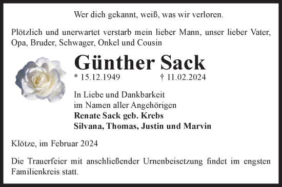 Traueranzeige von Günther Sack von Volksstimme Altmark West
