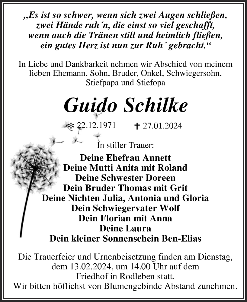  Traueranzeige für Guido Schilke vom 03.02.2024 aus Trauerkombi Dessau