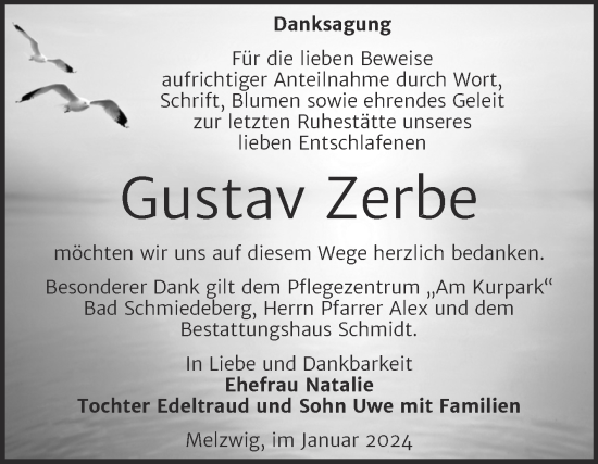 Traueranzeige von Gustav Zerbe von Trauerkombi Wittenberg
