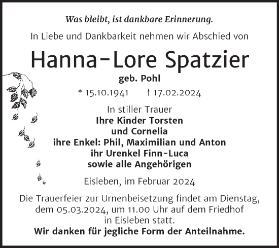 Traueranzeige von Hanna-Lore Spatzier von Trauerkombi Mansfelder Land