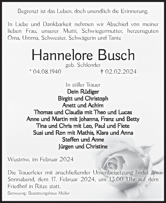 Traueranzeige von Hannelore Busch von Volksstimme Altmark West