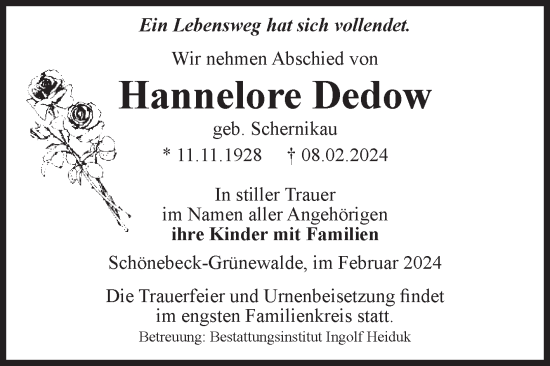 Traueranzeige von Hannelore Dedow von Volksstimme Schönebeck