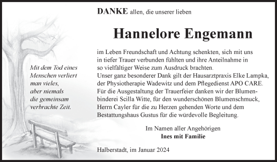 Traueranzeige von Hannelore Engemann von Volksstimme Halberstadt