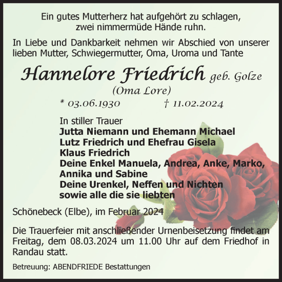 Traueranzeige von Hannelore Friedrich von Volksstimme Schönebeck
