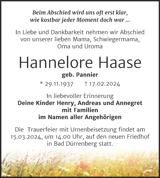 Traueranzeige von Hannelore Haase von Trauerkombi Merseburg