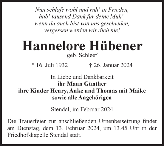 Traueranzeige von Hannelore Hübener von Volksstimme Altmark Ost