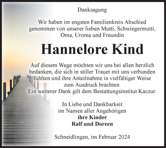Traueranzeige von Hannelore Kind von Volksstimme Staßfurt